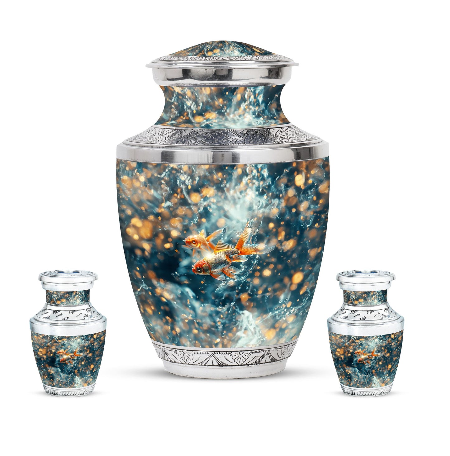 Fish Theme Large Urn With 2 Keepsake Urn