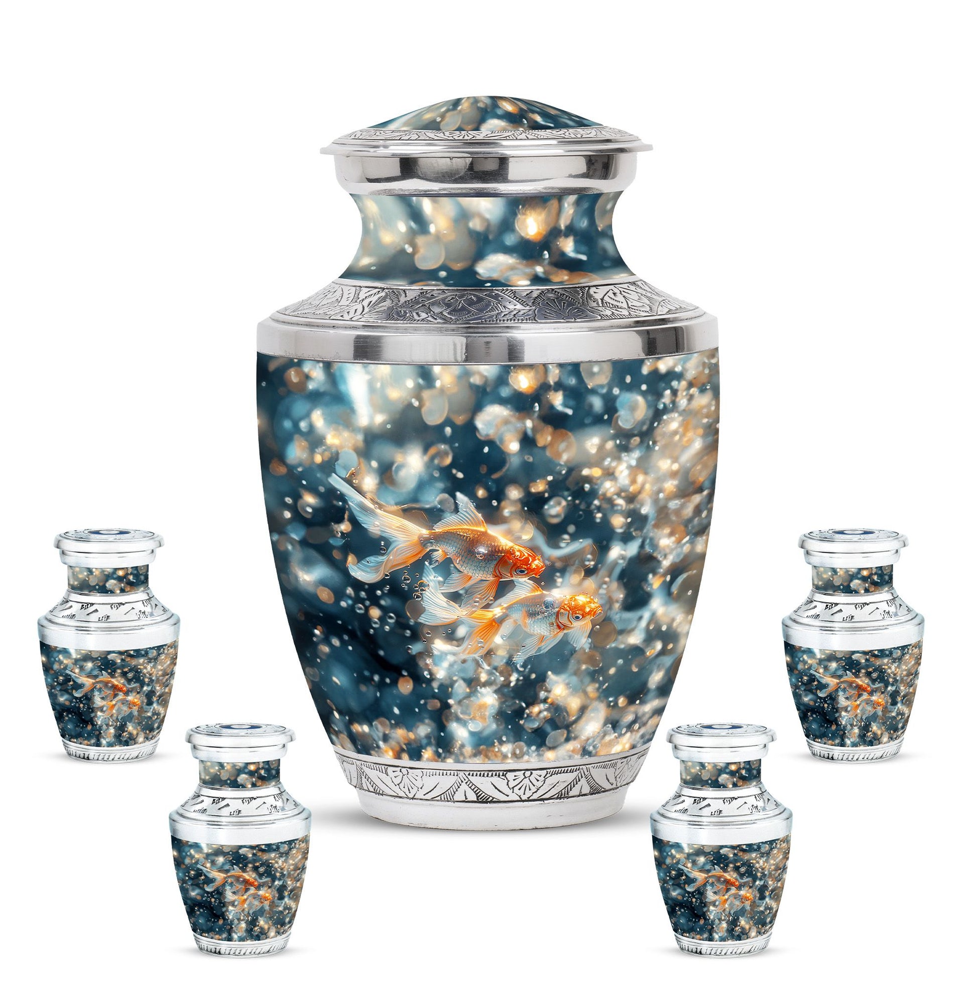 Fish Theme Large Urn With 4 Keepsake Urn