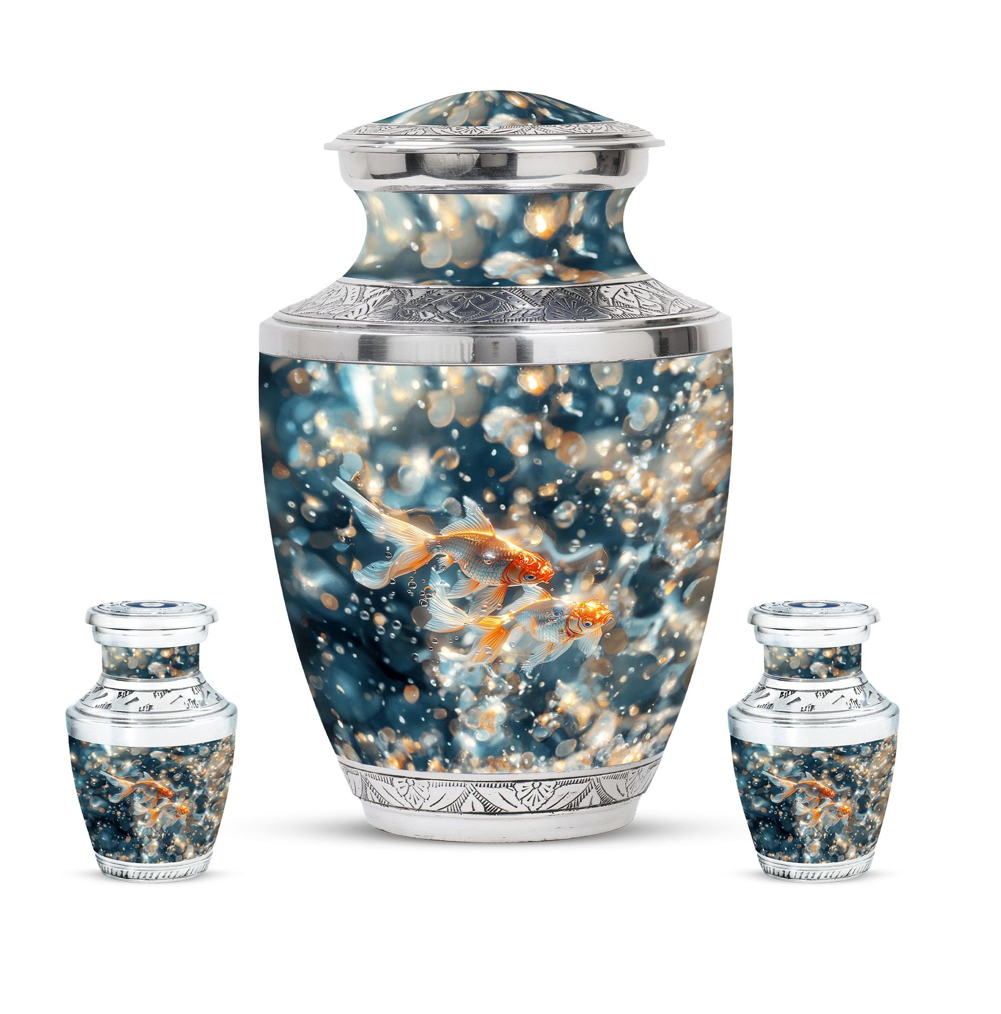 Fish Theme Large Urn With 2 Keepsake Urn