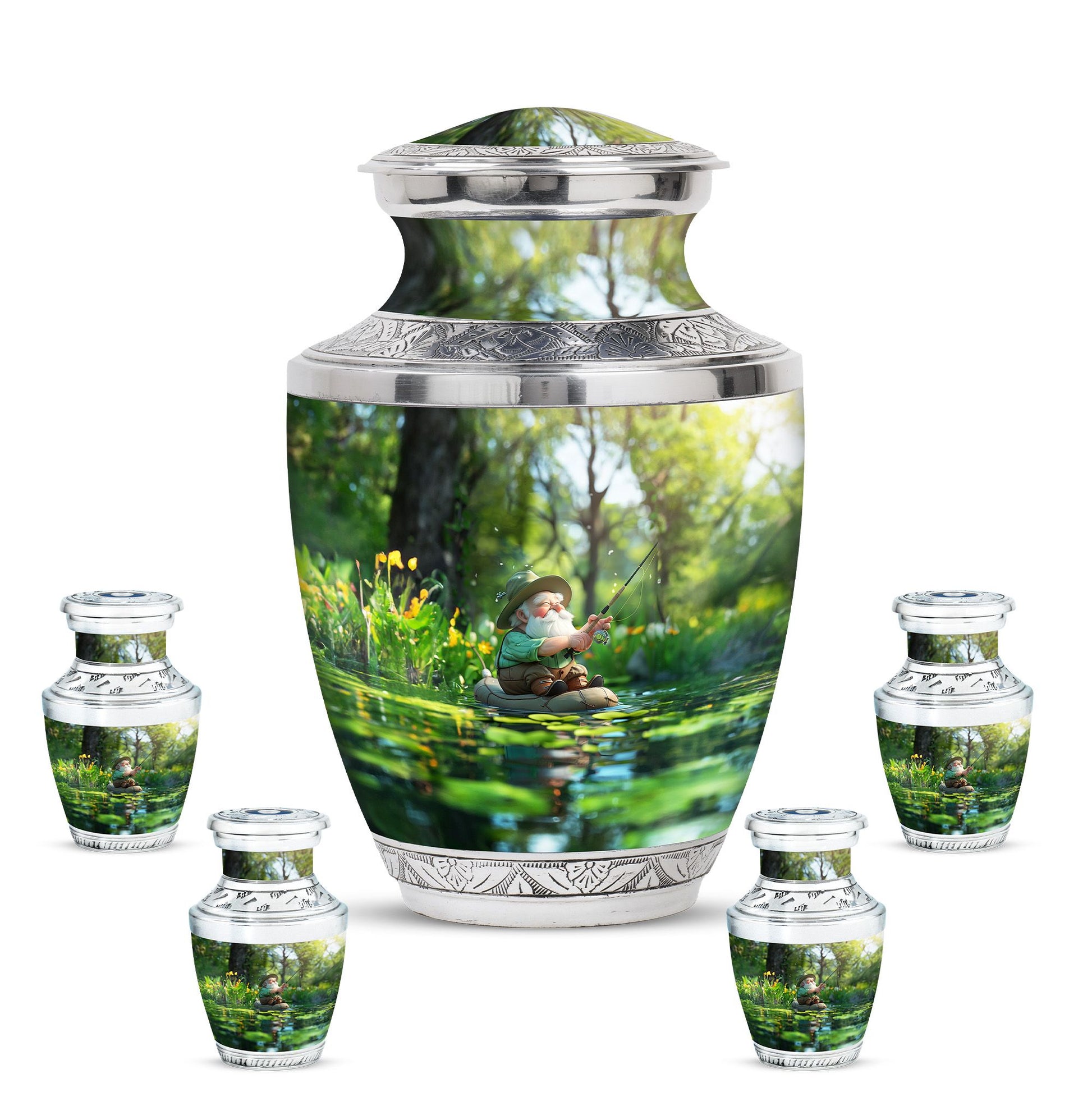 Fishing Theme Large Urn With 4 Keepsake Urn