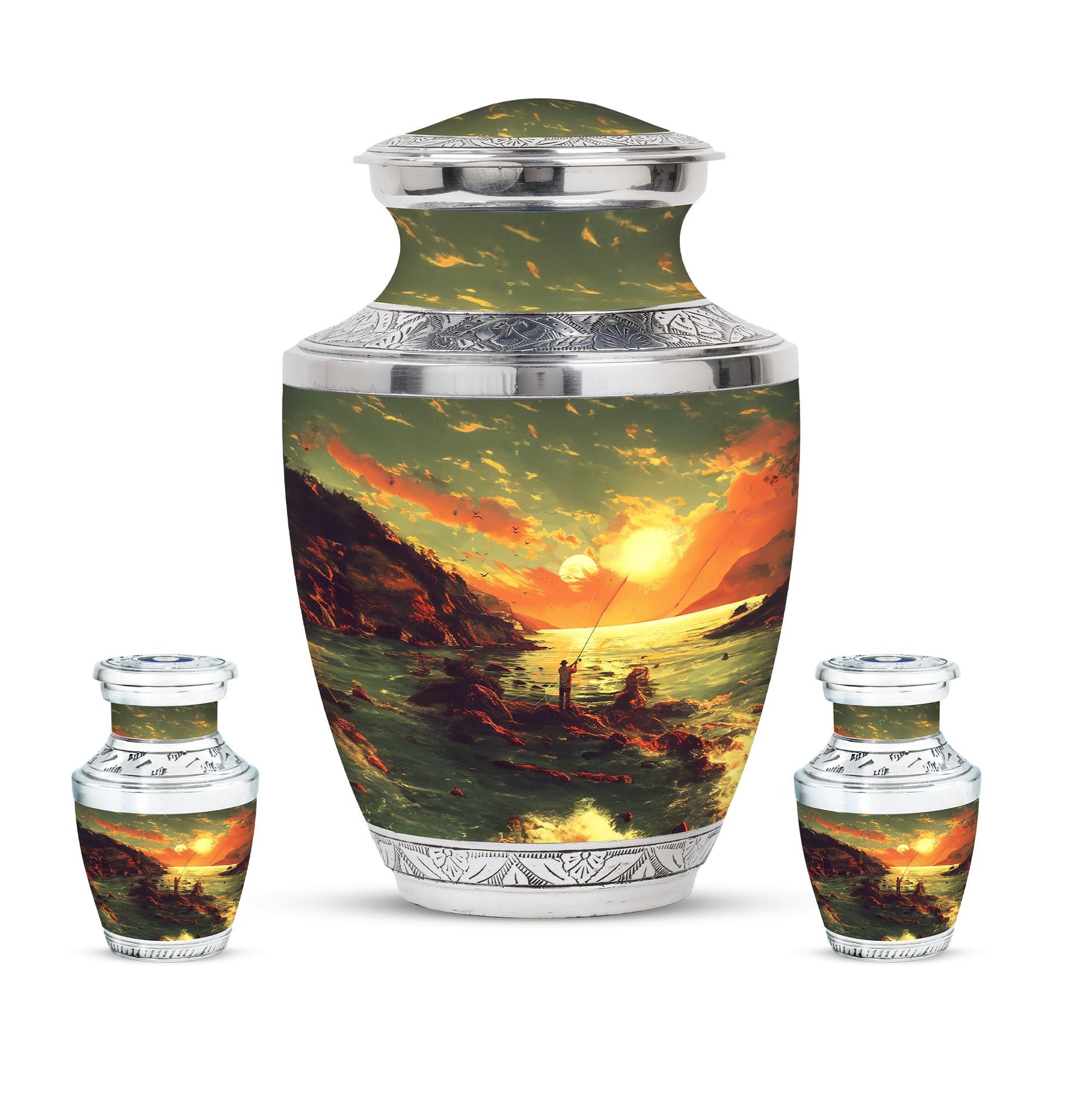 Fishing Theme Large Urn With 2 Keepsake Urn