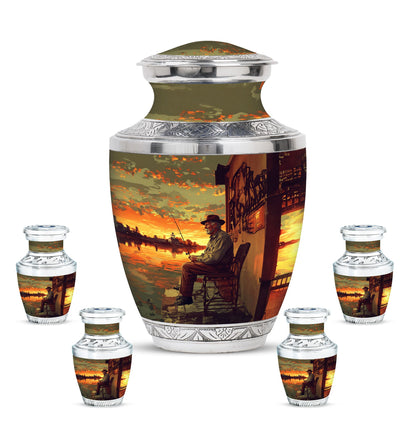 Fishing Theme Large Urn With 4 Keepsake Urn