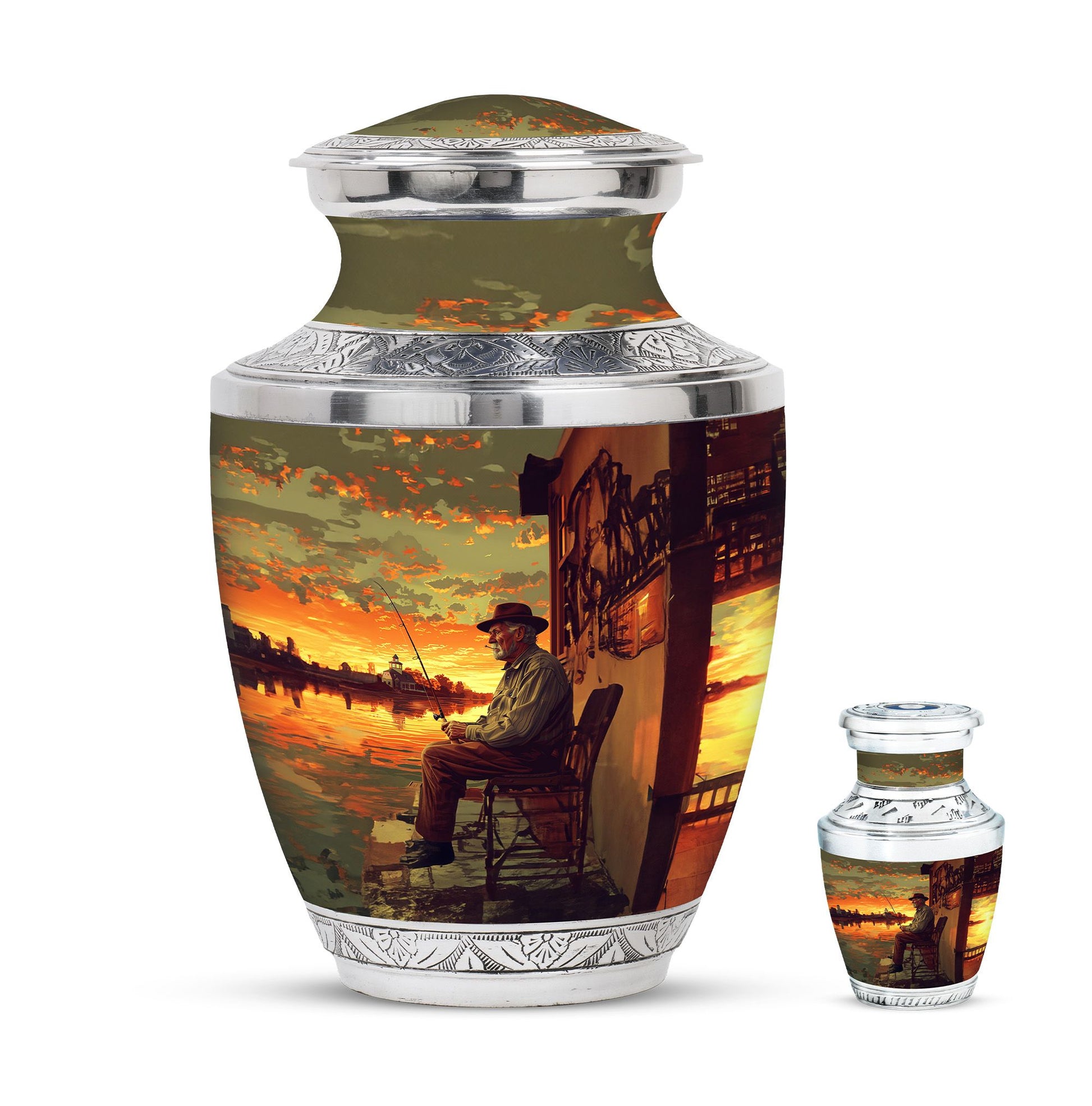 Fishing Theme Large Urn With 1 Keepsake Urn