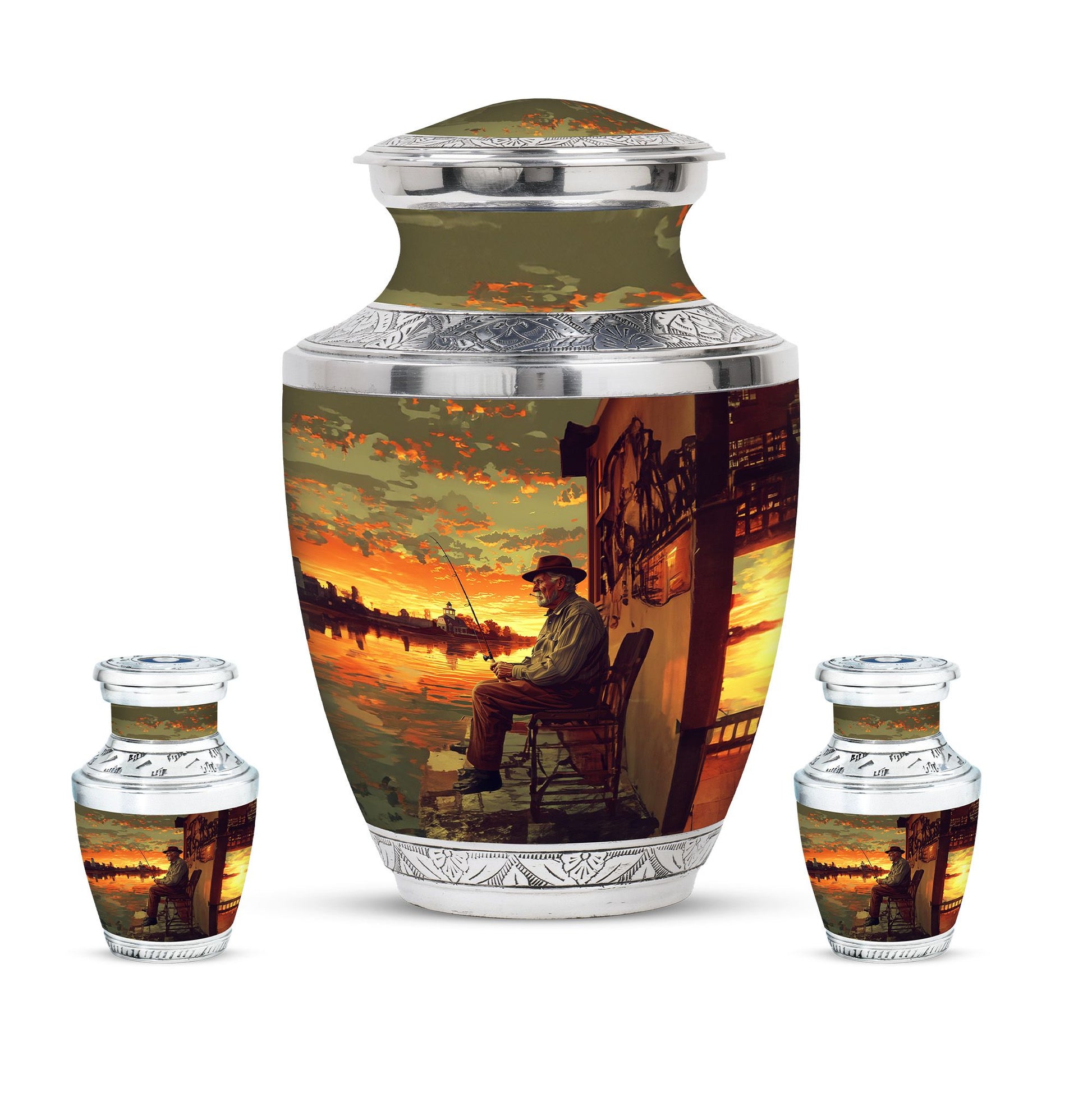 Fishing Theme Large Urn With 2 Keepsake Urn