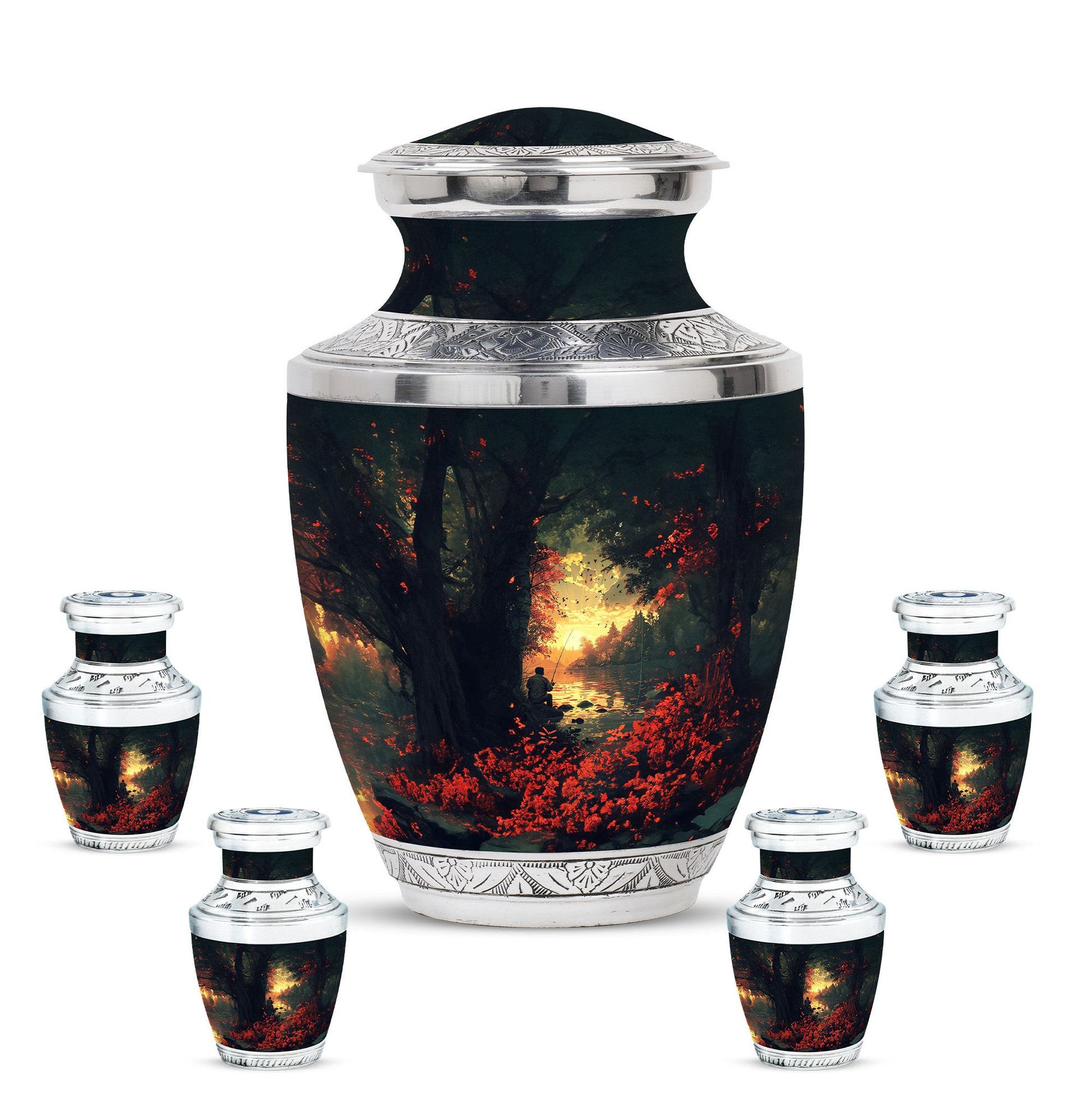 Fishing Theme Large Urn With 4 Keepsake Urn