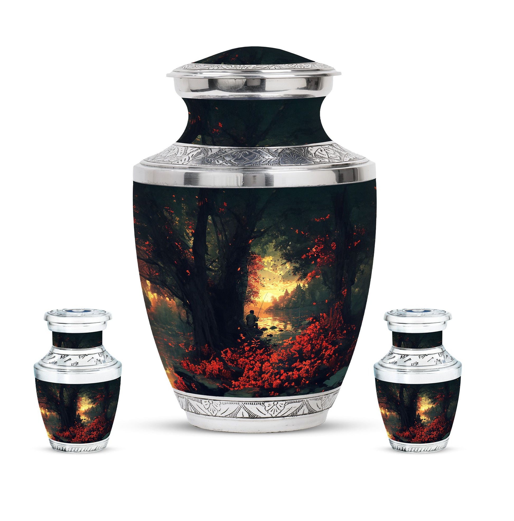 Fishing Theme Large Urn With 2 Keepsake Urn