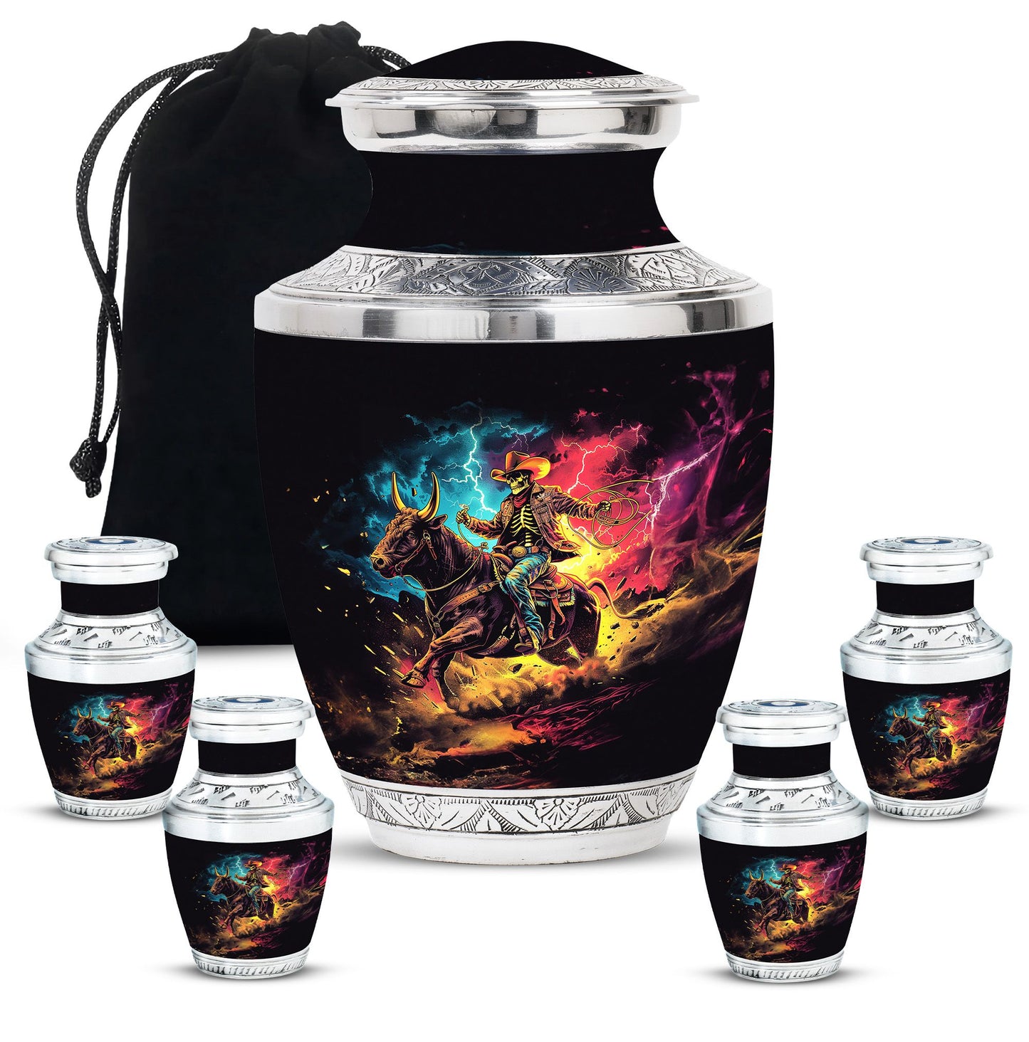 Cowboy Theme Large Urn With 4 Keepsake Urn