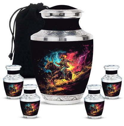 Cowboy Theme Large Urn With 4 Keepsake Urn