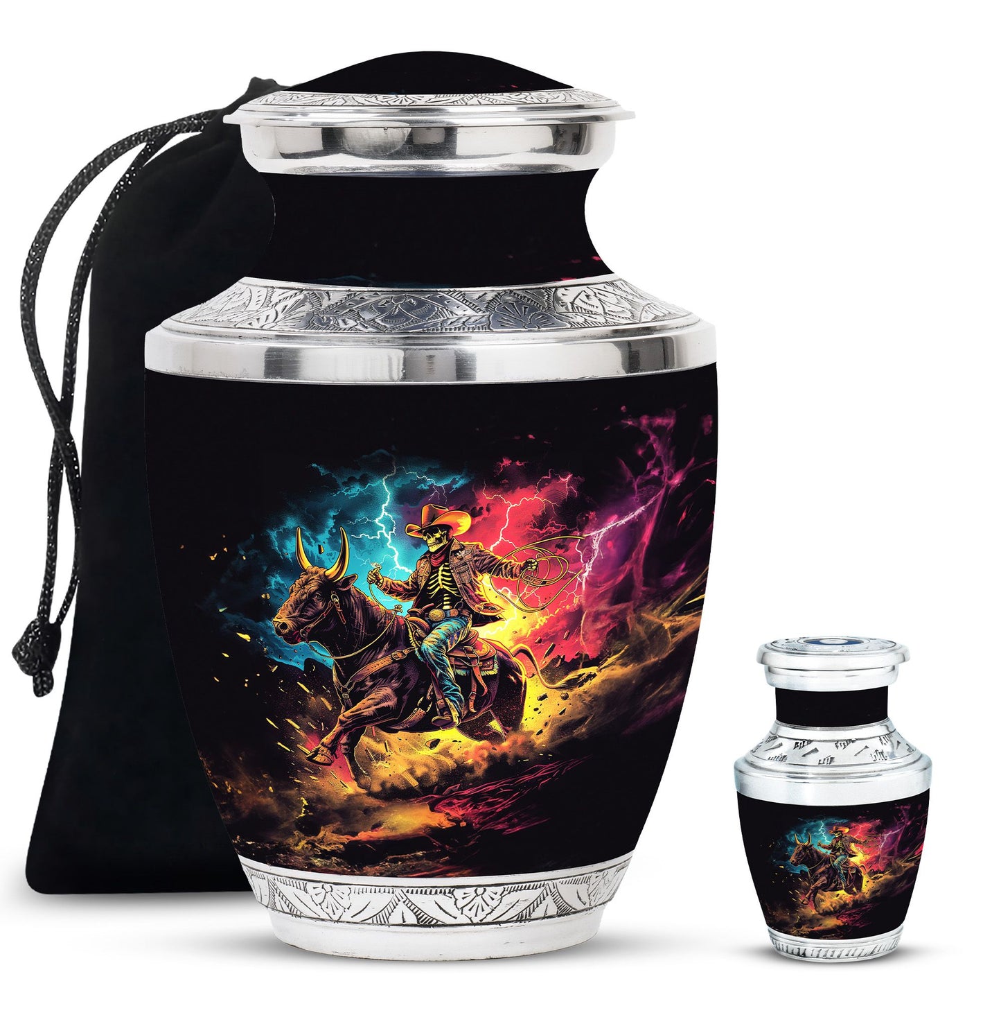Cowboy Theme Large Urn With 1 Keepsake Urn