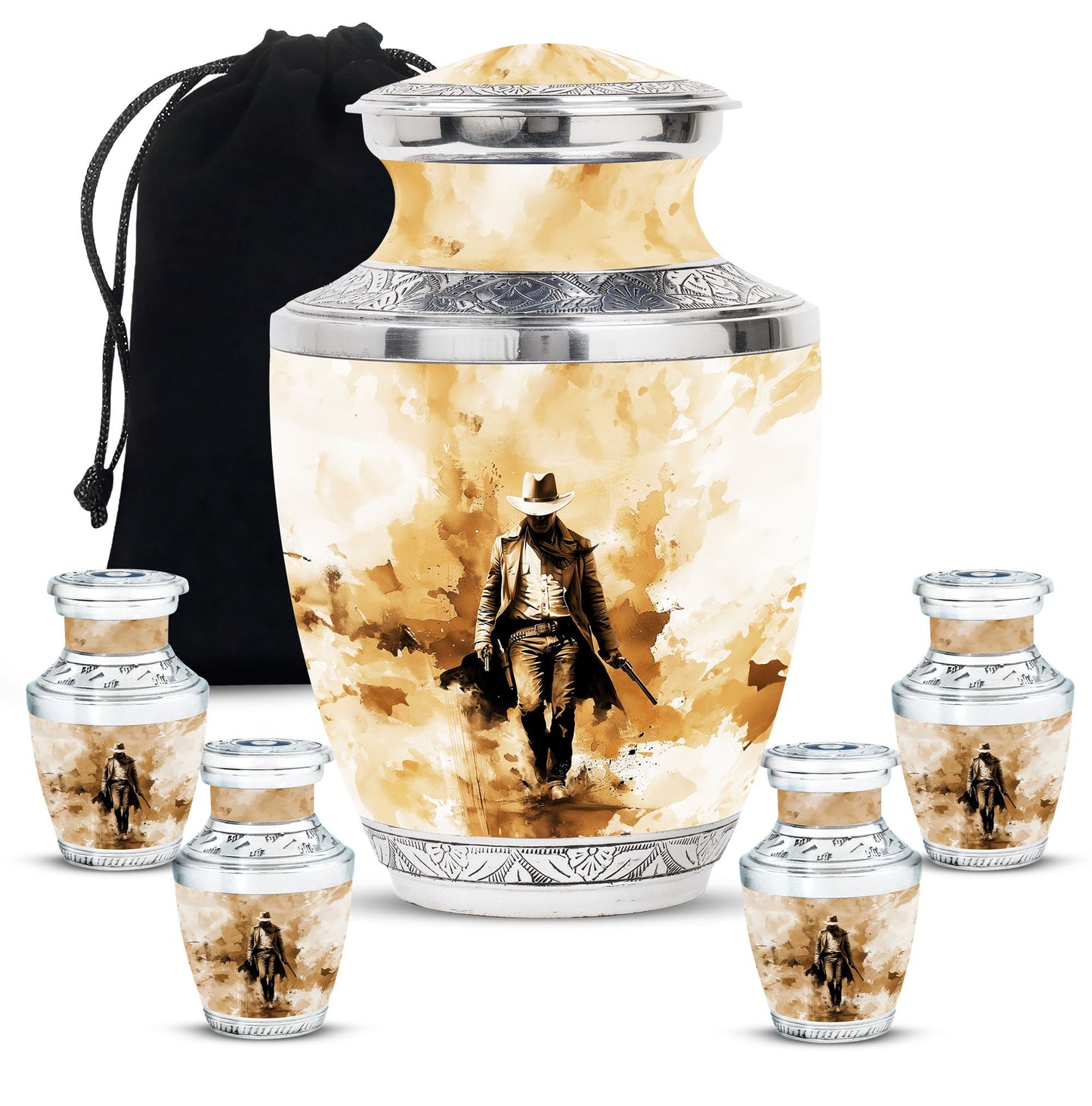 Cowboy Theme Large Urn With 4 Keepsake Urn