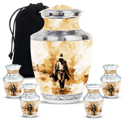 Cowboy Theme Large Urn With 4 Keepsake Urn