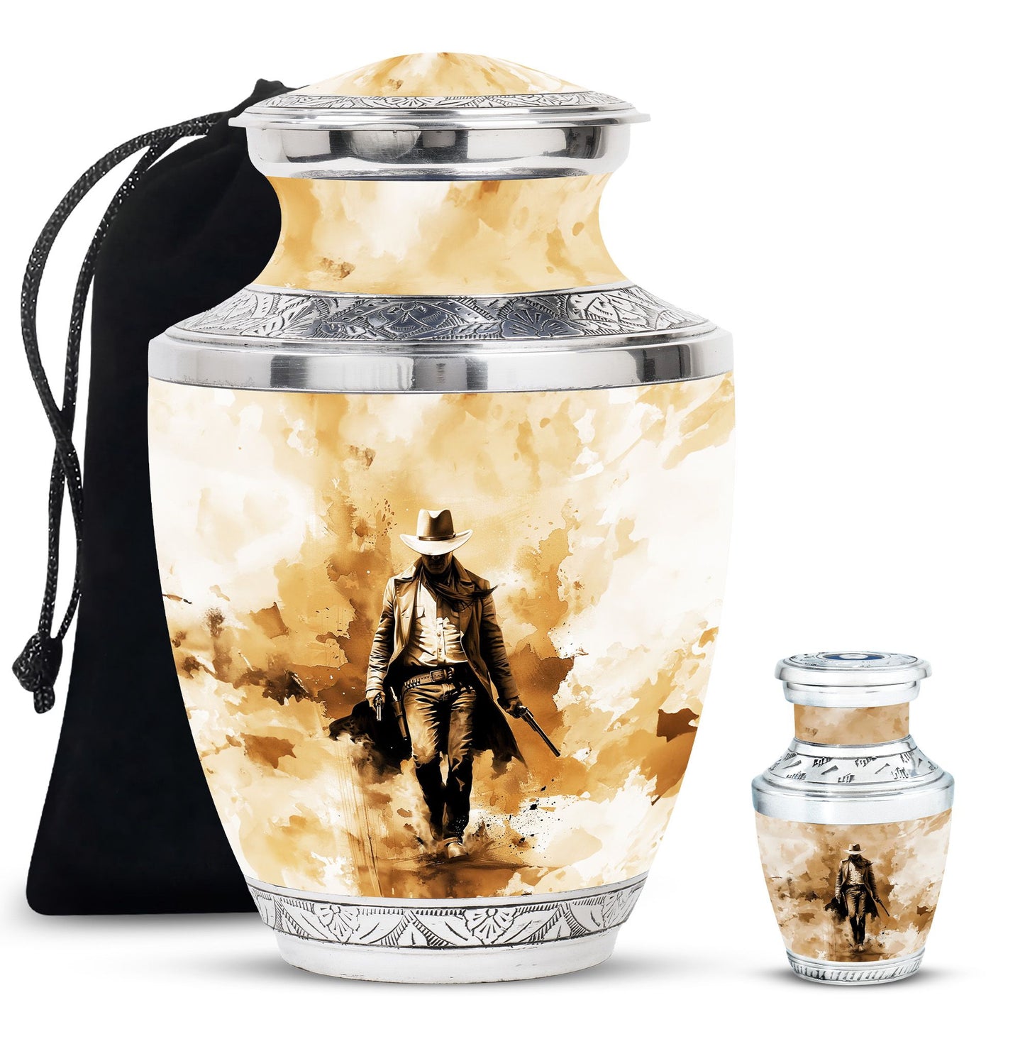 Cowboy Theme Large Urn With 1 Keepsake Urn