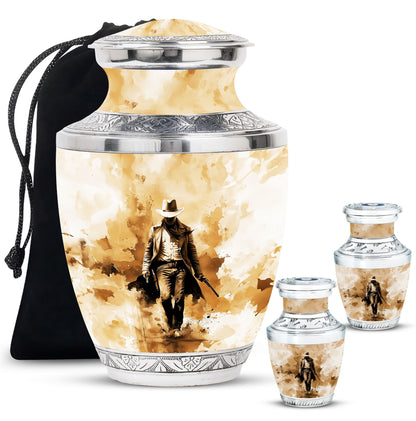 Cowboy Theme Large Urn With 2 Keepsake Urn