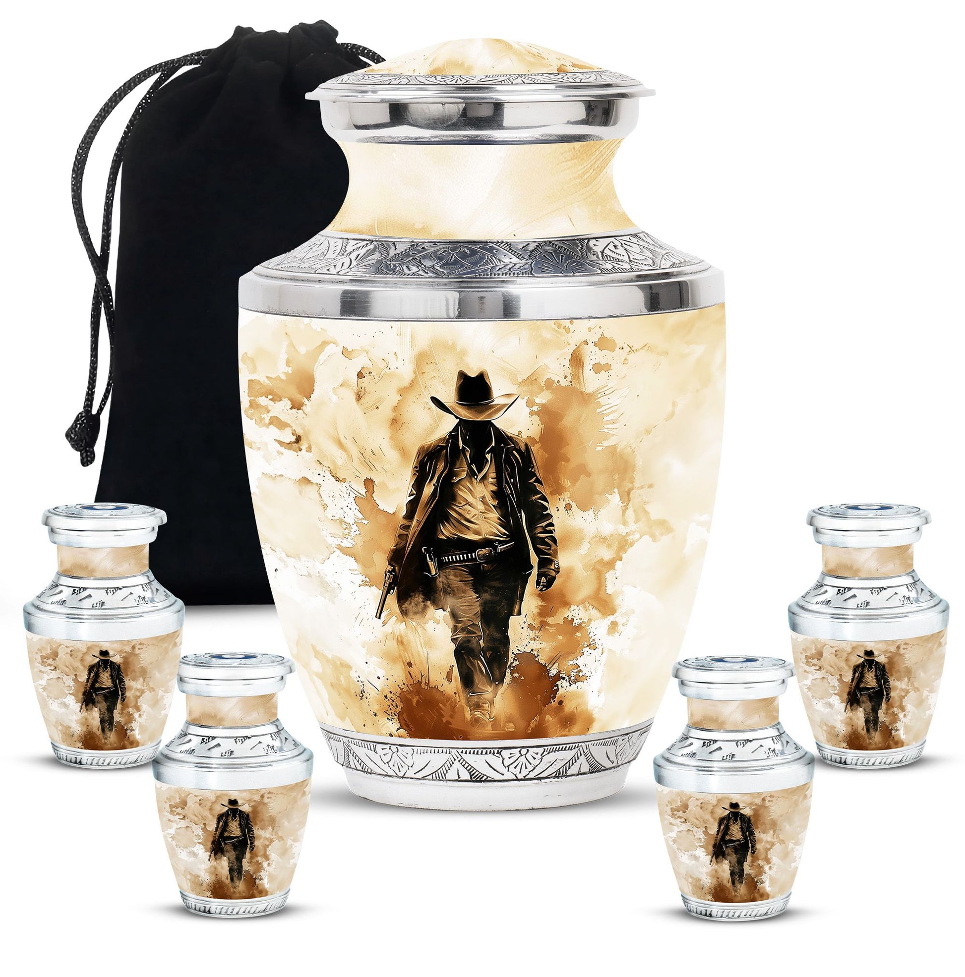 Cowboy Theme Large Urn With 4 Keepsake Urn