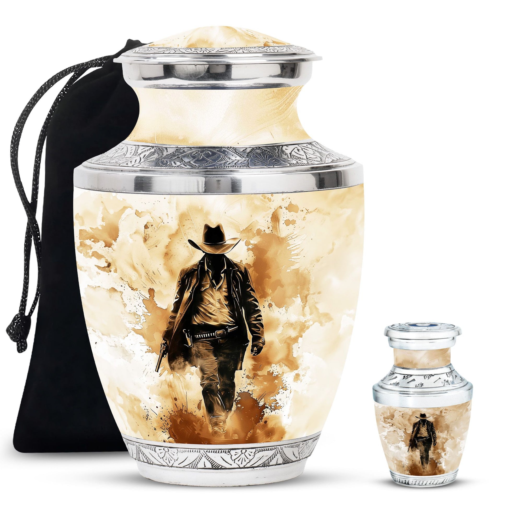 Cowboy Theme Large Urn With 1 Keepsake Urn