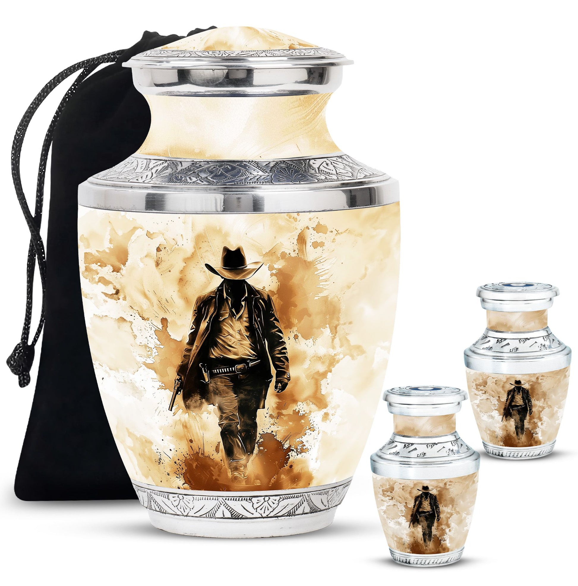Cowboy Theme Large Urn With 2 Keepsake Urn