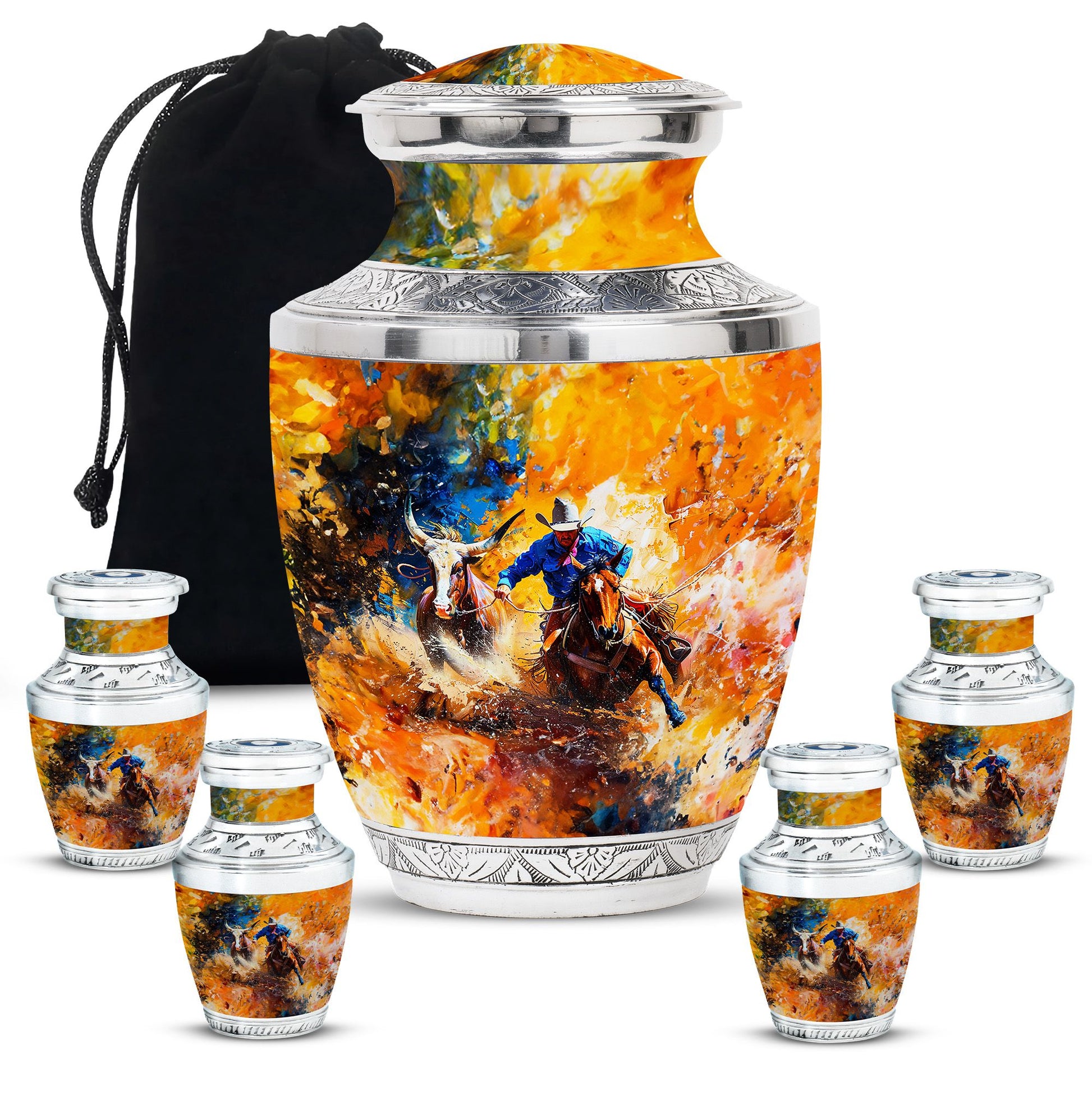 Cowboy Theme Large Urn With 4 Keepsake Urn