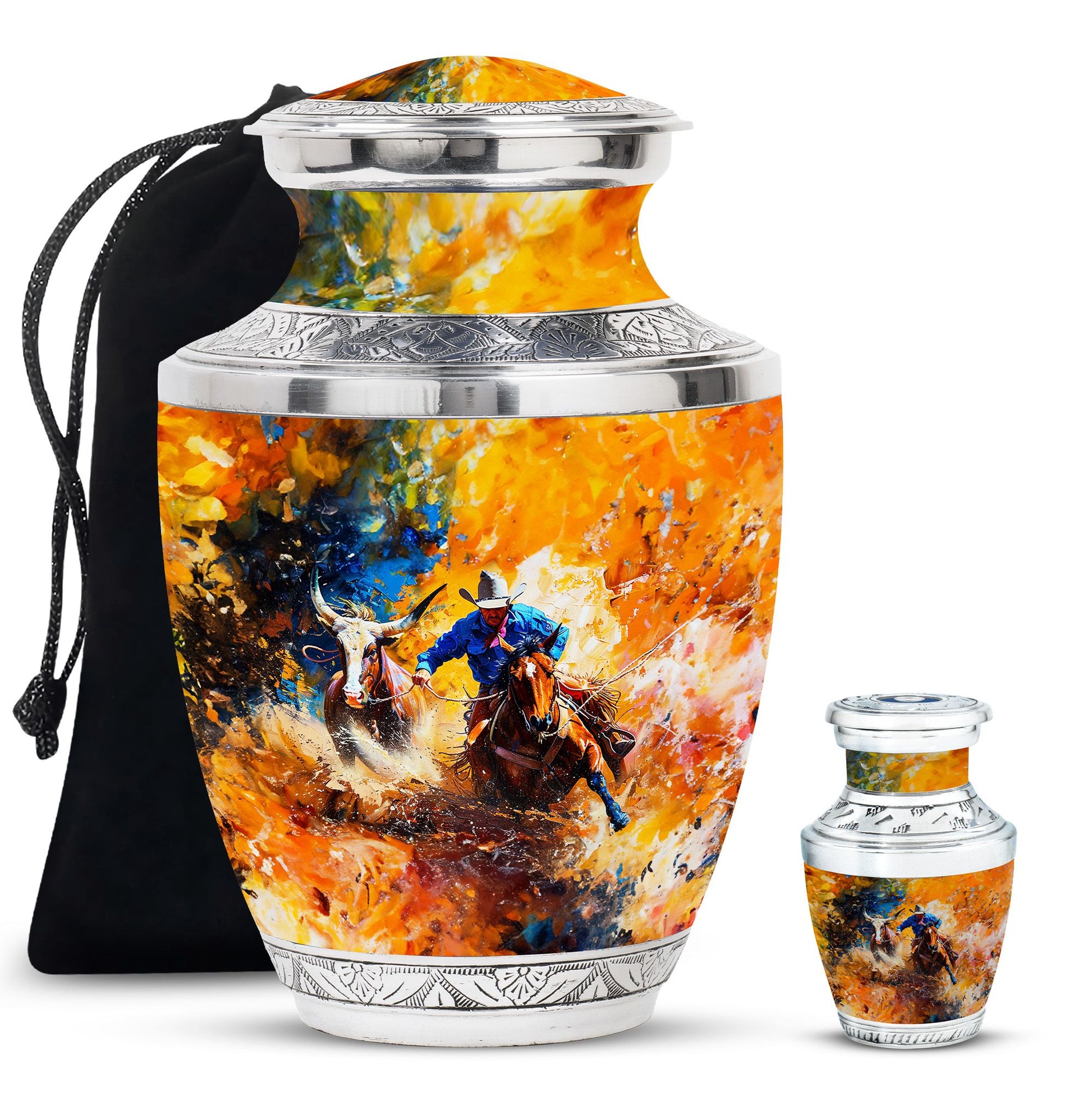 Cowboy Theme Large Urn With 1 Keepsake Urn