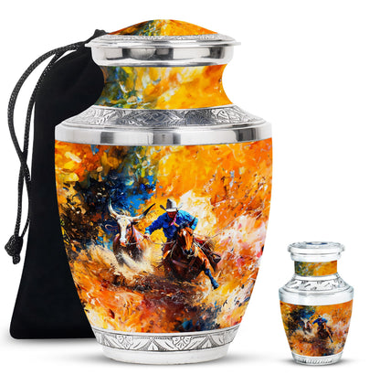 Cowboy Theme Large Urn With 1 Keepsake Urn