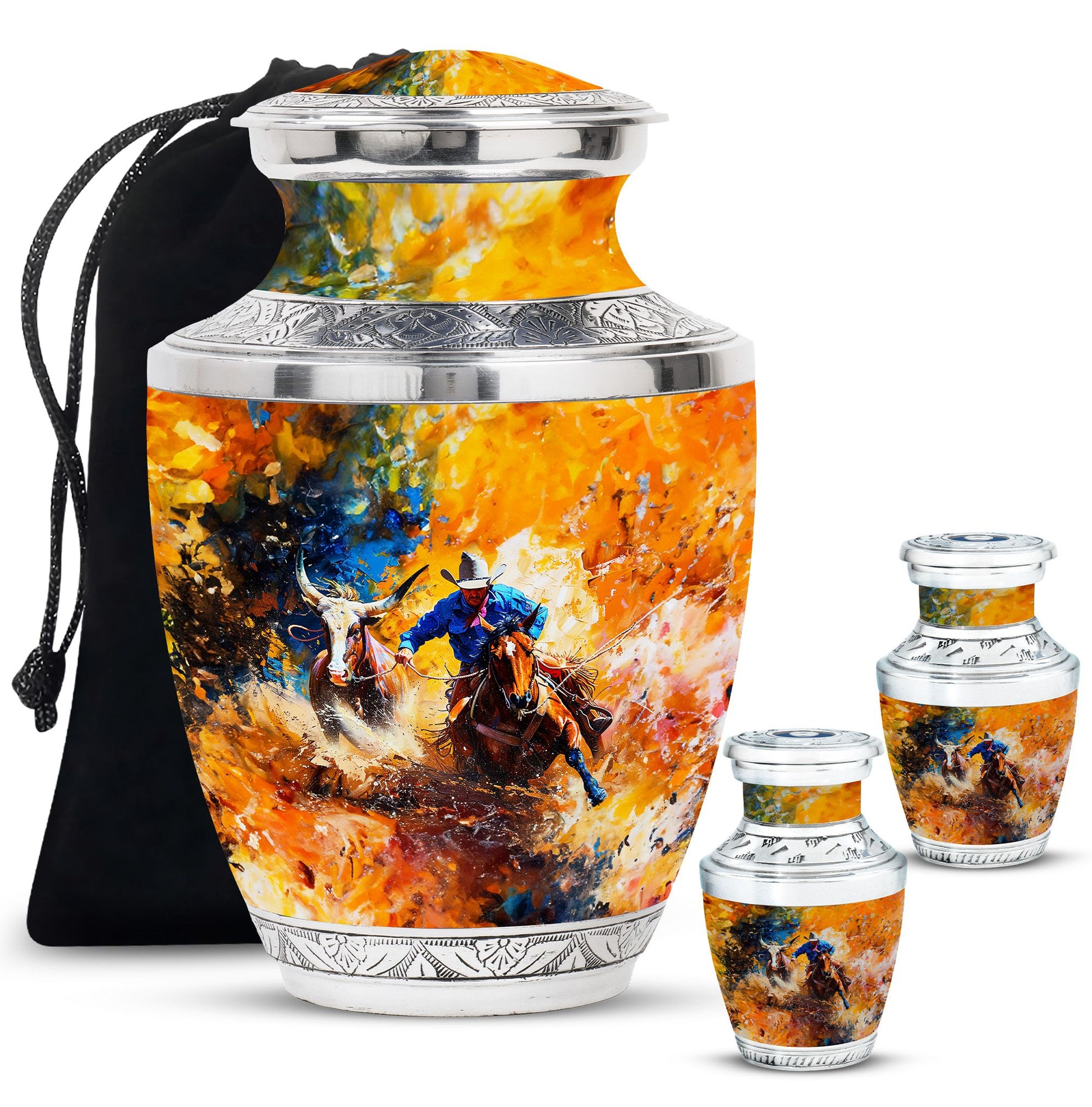 Cowboy Theme Large Urn With 2 Keepsake Urn