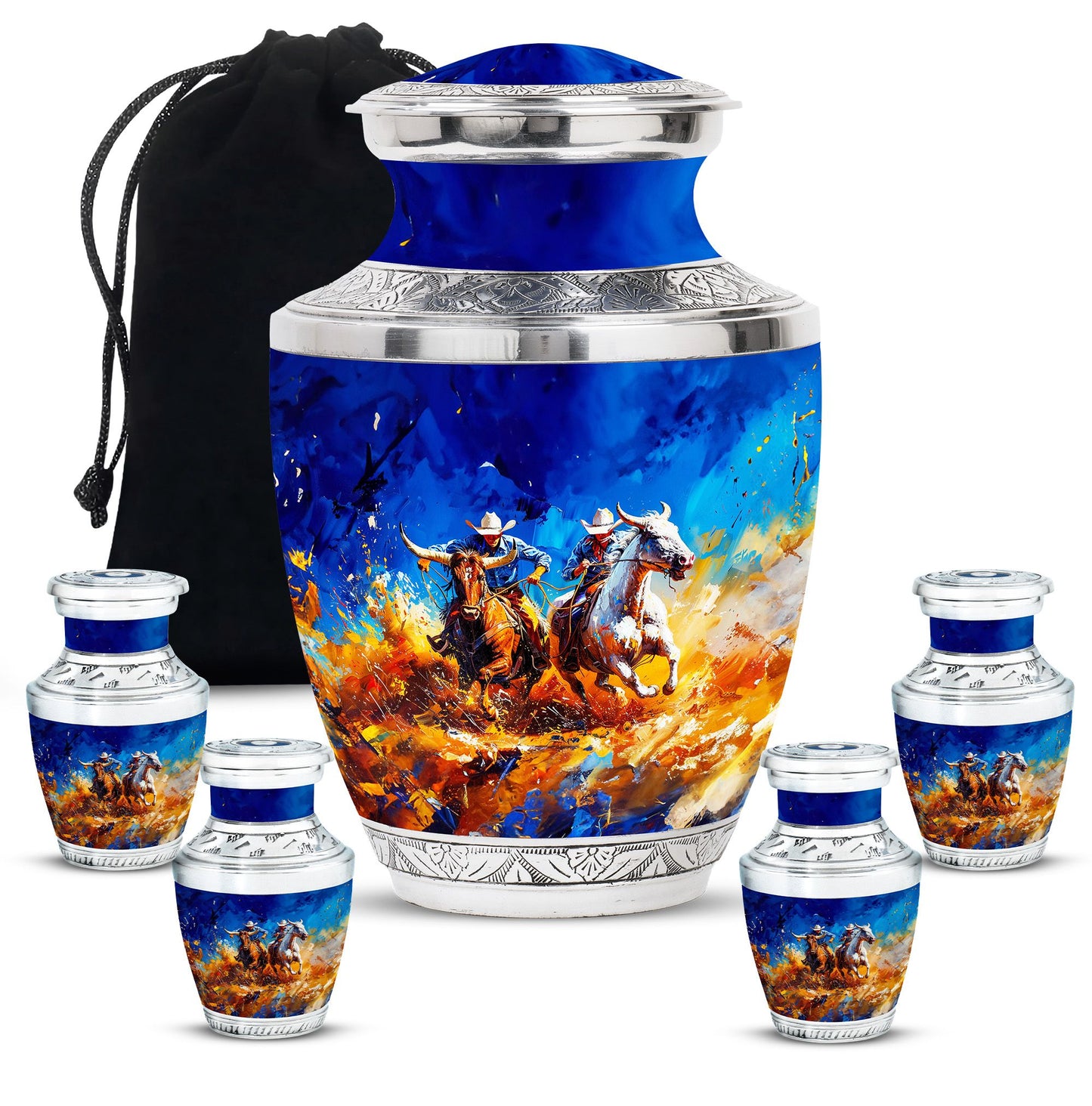 Cowboy Theme Large Urn With 4 Keepsake Urn