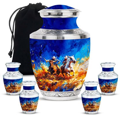 Cowboy Theme Large Urn With 4 Keepsake Urn