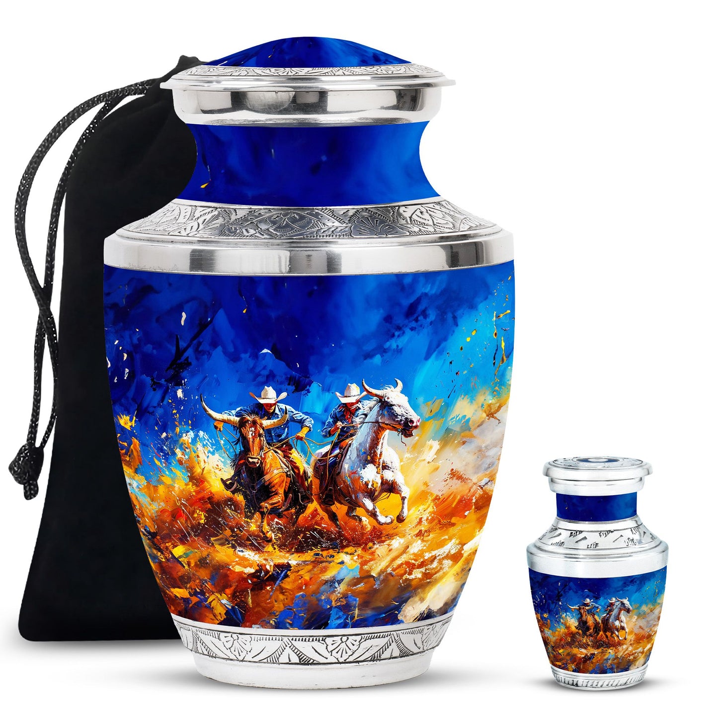 Cowboy Theme Large Urn With 1 Keepsake Urn