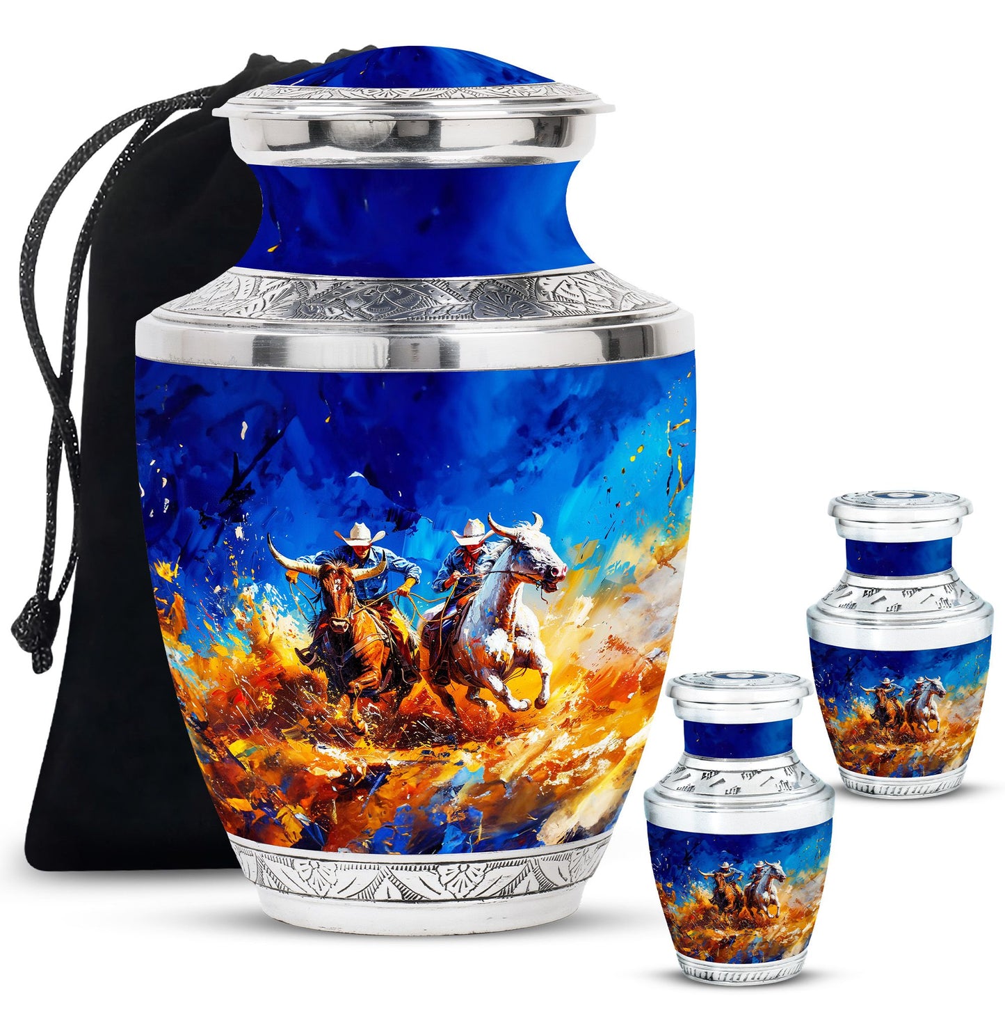 Cowboy Theme Large Urn With 2 Keepsake Urn