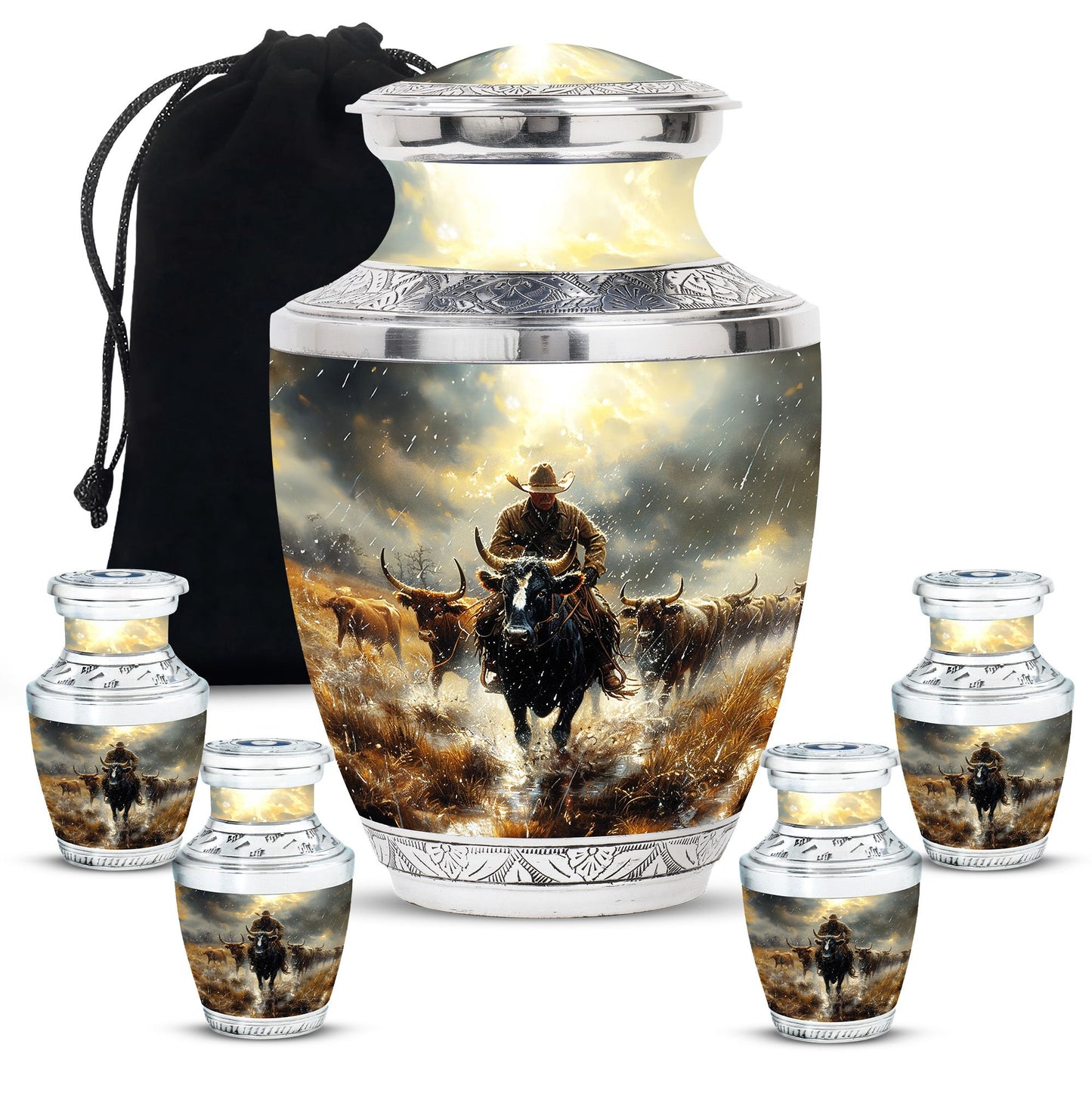 Cowboy Theme Large Urn With 4 Keepsake Urn