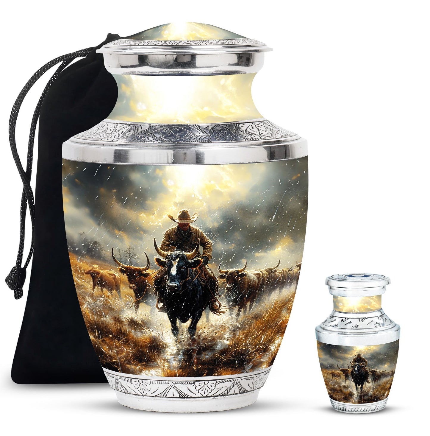 Cowboy Theme Large Urn With 1 Keepsake Urn
