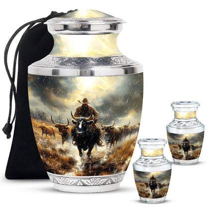 Cowboy Theme Large Urn With 2 Keepsake Urn