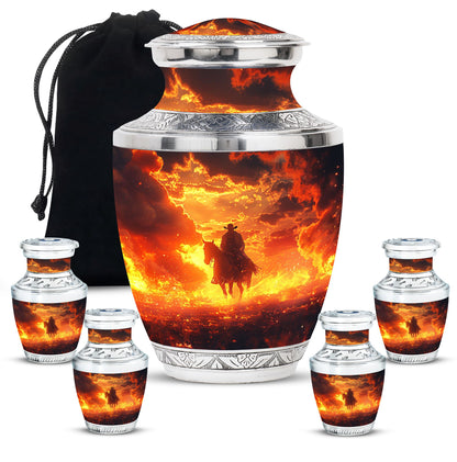 Cowboy Theme Large Urn With 4 Keepsake Urn
