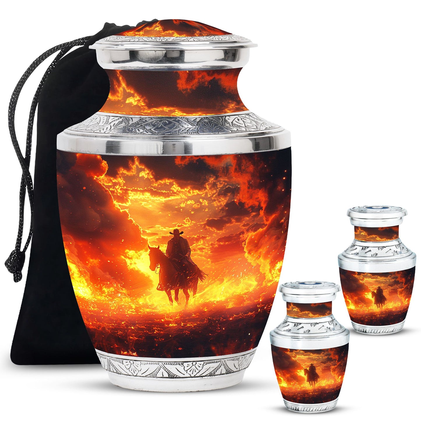 Cowboy Theme Large Urn With 2 Keepsake Urn