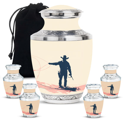 Cowboy Theme Large Urn With 4 Keepsake Urn