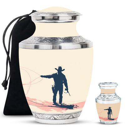 Cowboy Theme Large Urn With 1 Keepsake Urn