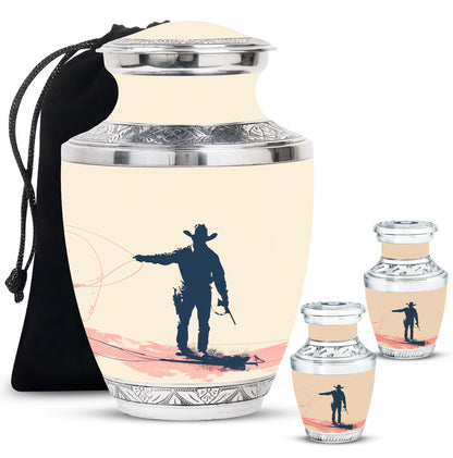 Cowboy Theme Large Urn With 2 Keepsake Urn
