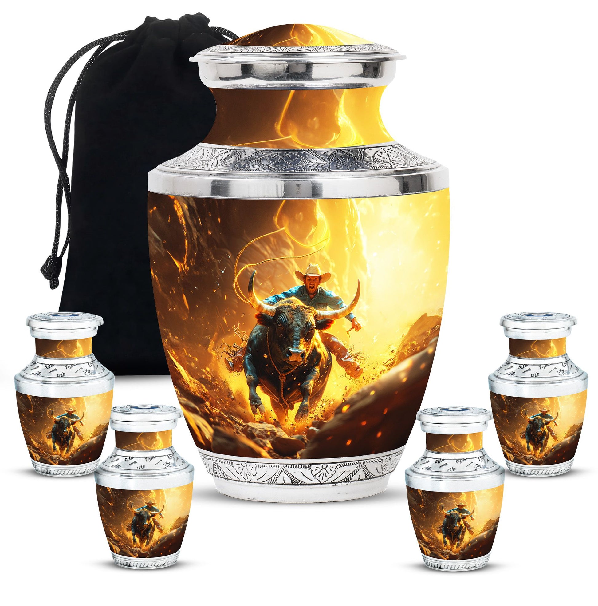 Cowboy Theme Large Urn With 4 Keepsake Urn
