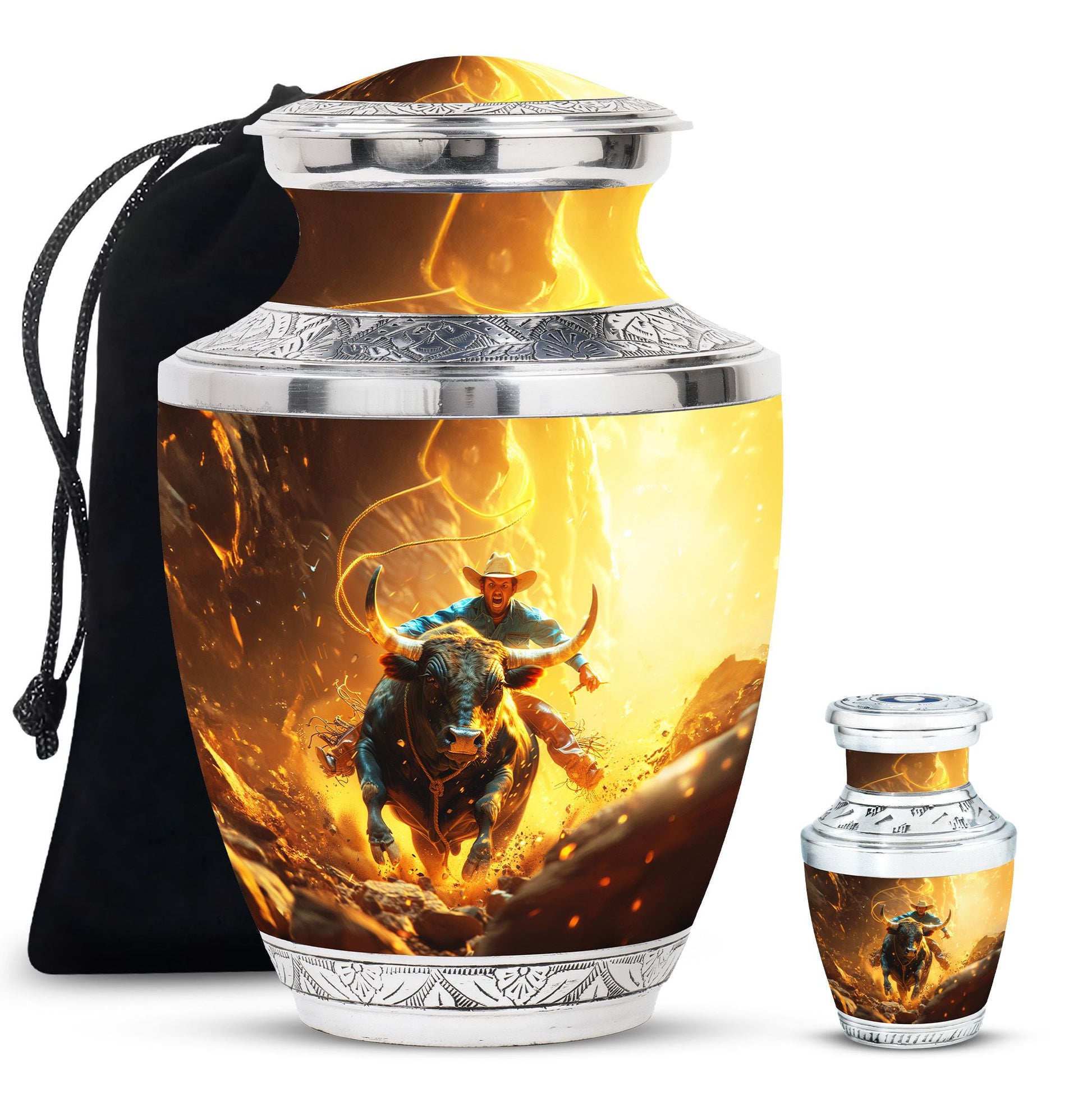 Cowboy Theme Large Urn With 1 Keepsake Urn