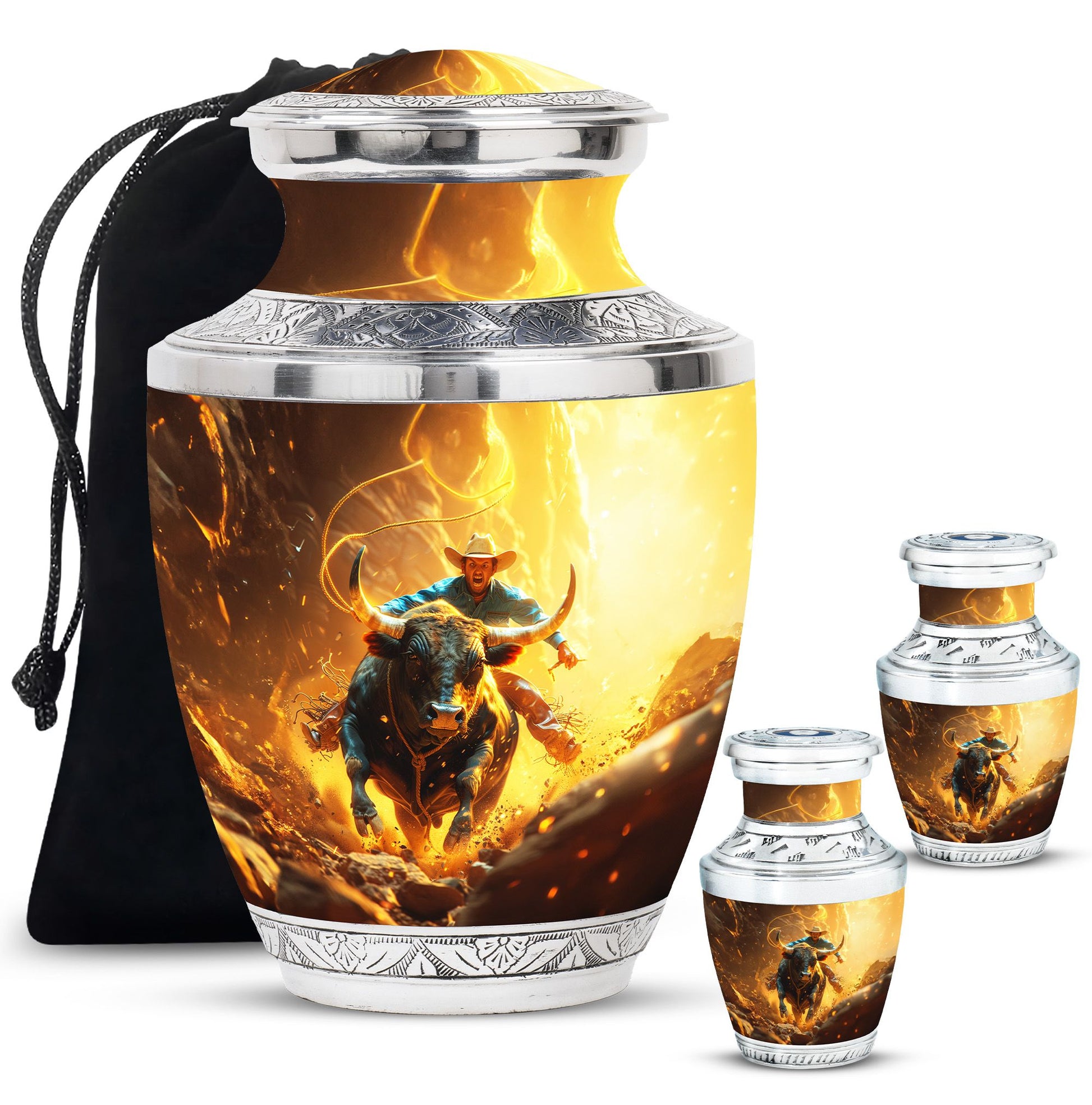 Cowboy Theme Large Urn With 2 Keepsake Urn