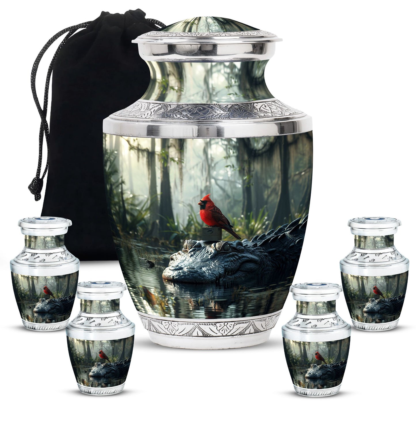 Cardinal Bird Theme Large Urn With 4 Keepsake Urn