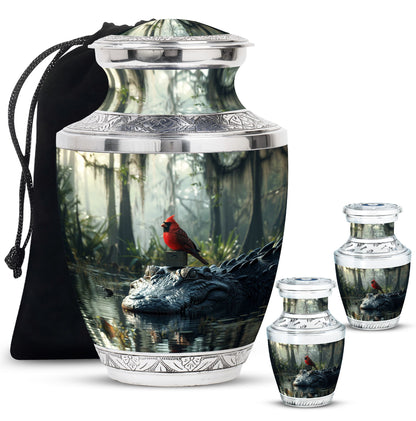 Cardinal Bird Theme Large Urn With 2 Keepsake Urn