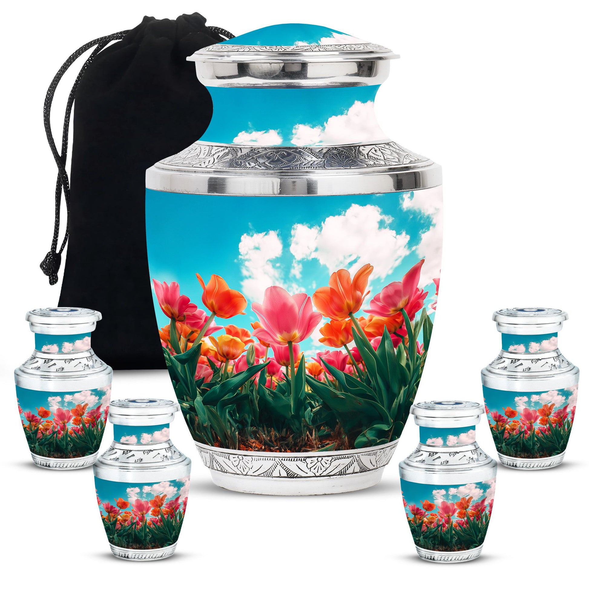 Tulip Theme Large Urn With 4 Keepsake Urn