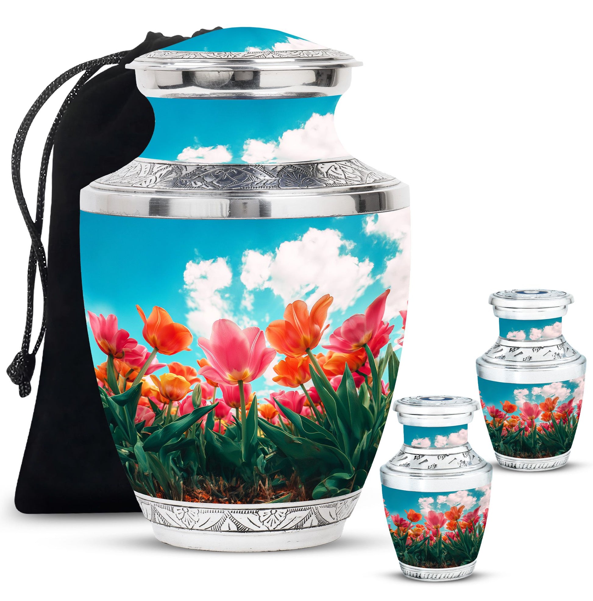 Tulip Theme Large Urn With 2 Keepsake Urn