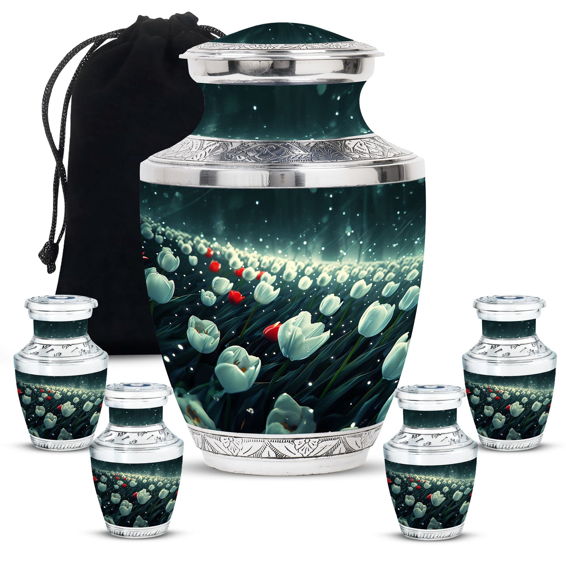 Tulip Theme Large Urn With 4 Keepsake Urn