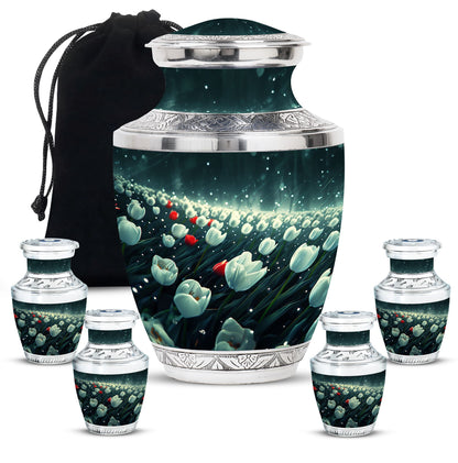 Tulip Theme Large Urn With 4 Keepsake Urn