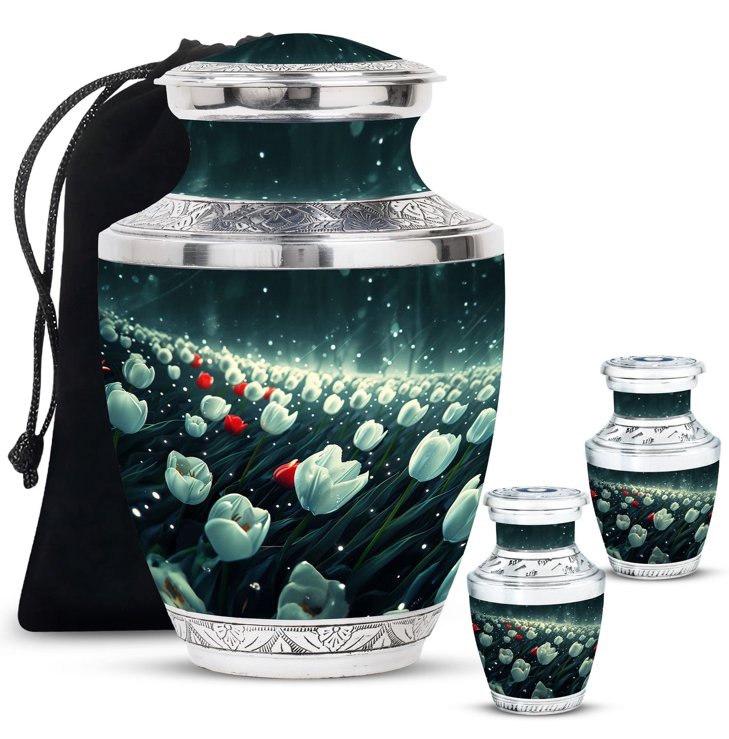 Tulip Theme Large Urn With 2 Keepsake Urn