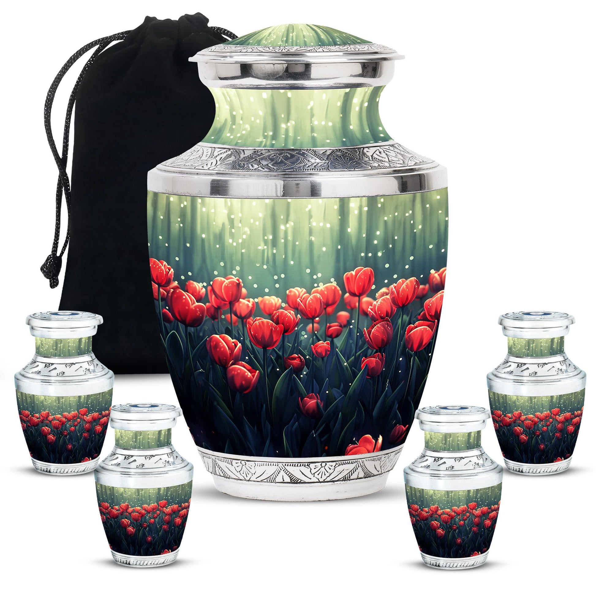 Tulip Theme Large Urn With 4 Keepsake Urn