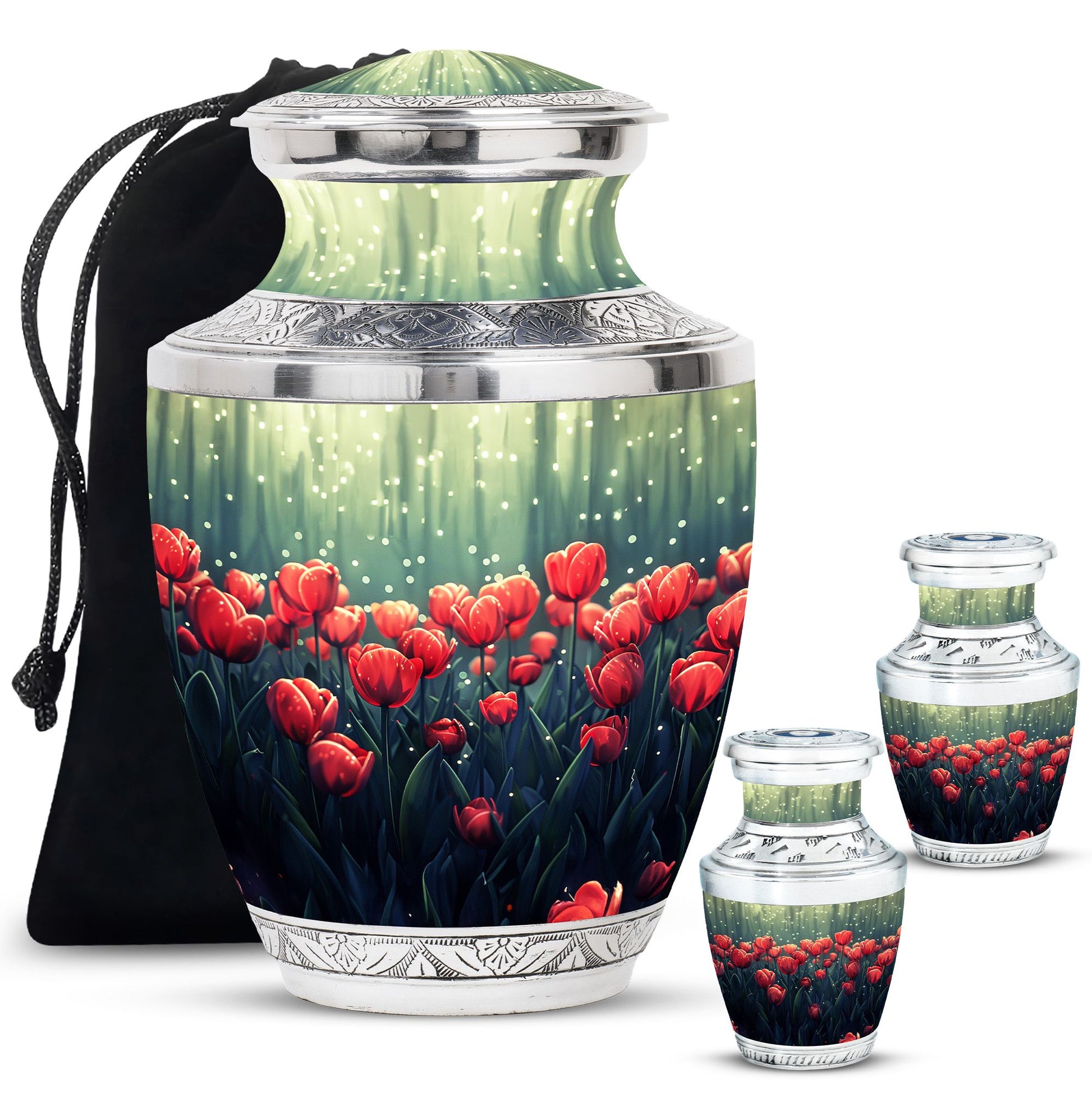 Tulip Theme Large Urn With 2 Keepsake Urn