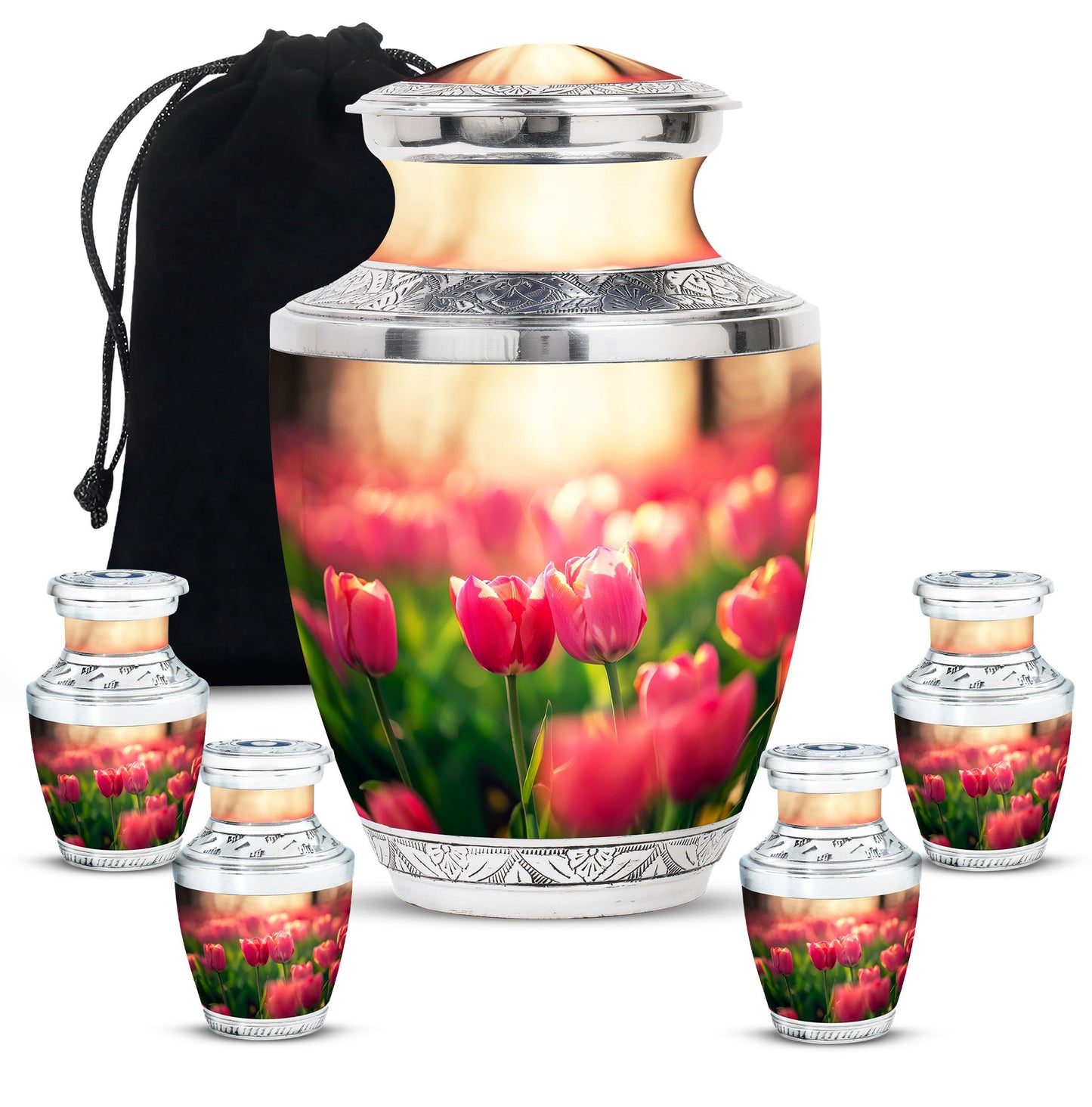 Tulip Theme Large Urn With 4 Keepsake Urn