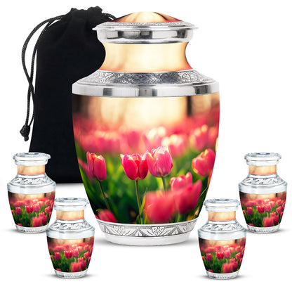 Tulip Theme Large Urn With 4 Keepsake Urn